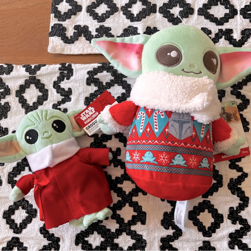 Christmas Holiday Star Wars Grogu Plush Toy 2 piece Bundle Red Green